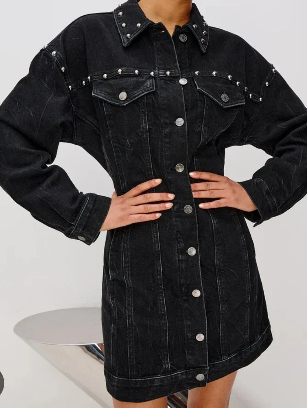 Rails Ladera Studded Denim Mini Dress NWT Size Large Black Long Sleeve - Picture 1 of 16